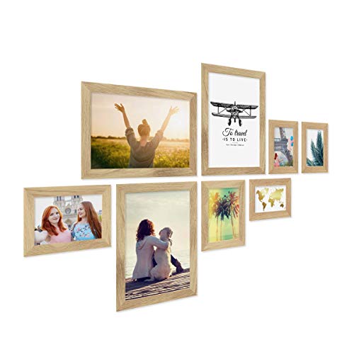 PHOTOLINI Bilderrahmen Set Holz, Fotorahmen Holz Echtholz, 8er Bilderrahmenset Wand Collage, photo frames for wall mit Acrylglas aufhängen, Eiche Bilderrahmen Set verschiedene Größen mit Zubehör von PHOTOLINI