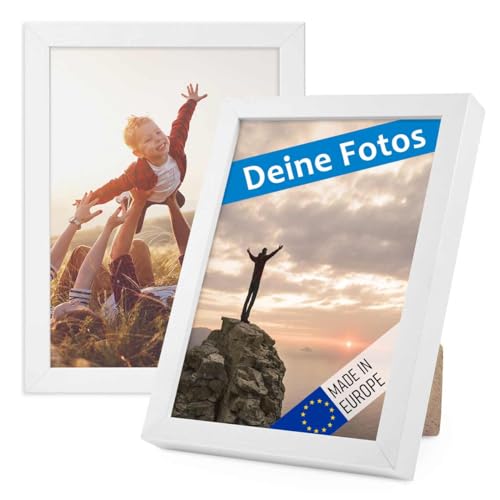 PHOTOLINI Bilderrahmen mit Foto selber gestalten, Fotorahmen 13x18 cm Holz Weiß personalisiert mit Bild, Holzrahmen Made in EU, 2er Set, bruchsicheres Acrylglas, zum Aufhängen & Aufstellen von PHOTOLINI