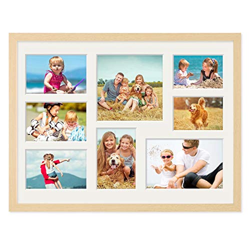 PHOTOLINI Bilderrahmen für 30x40 Holz Natur aus MDF, Fotorahmen 30 x 40 cm mit Passepartout für 8 Bilder, bruchsicheres Acrylglas, 40 x 30 zum Aufhängen, Zubehör - Rahmen 30x40 für Fotos & Poster von PHOTOLINI