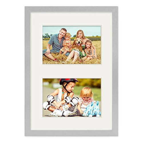 PHOTOLINI Bilderrahmen A4 Holz MDF Silber, DIN A4 Bilderrahmen 21x30 cm mit Passepartout für 2 Bilder, Acrylglas bruchsicher, picture frame zum Aufhängen & Aufstellen, Rahmen 30x21 für Fotos & Poster von PHOTOLINI