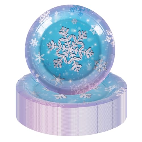 PHUNAT Blaue Pappteller, 17,8 cm, Farbverlauf, Partyteller, Partyteller, Pappteller, Schneeflocken-Partyzubehör, Dekoration für Winterurlaub, Weihnachten, Frozen-Party (Blau, 17,8 cm) von PHUNAT