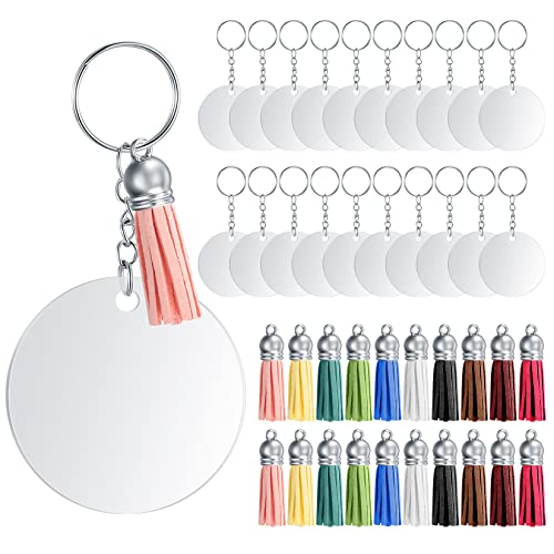 PIANKEKE 80 Stück Acryl Schlüsselanhänger Rohlinge Set, mit 20 Bunt Quasten Anhänger, 20 Acryl Rohlinge Schlüsselringe mit 20 Kette und 20 Biegeringe, für DIY Schlüsselbund Basteln von PIANKEKE