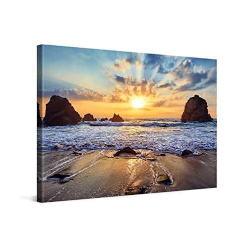 PICANOVA – Bild auf Leinwand Felsiger Strand Sonnenuntergang 120x80cm – Leinwandbild – Premium Leinwanddruck – Wandbild Kunstdruck Auf 2cm Holz-Keilrahmen Wohnzimmer Wanddekoration – Strand von PICANOVA