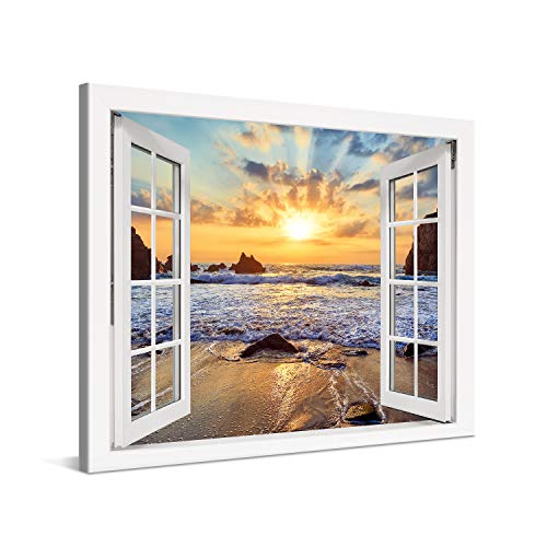 PICANOVA – Bild auf Leinwand Felsiger Strand Sonnenuntergang Fenster 100x75cm – Leinwandbild – Premium Leinwanddruck – Wandbild Kunstdruck Auf 2cm Holz-Keilrahmen Wohnzimmer Wanddekoration – Strand von PICANOVA