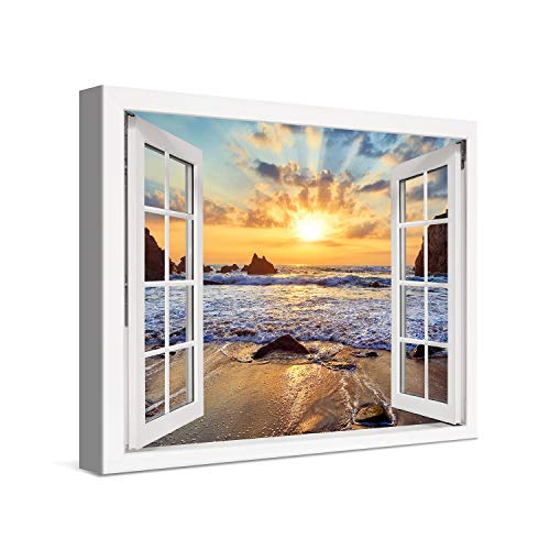 PICANOVA – Bild auf Leinwand Felsiger Strand Sonnenuntergang Fenster 40x30cm – Leinwandbild – Premium Leinwanddruck – Wandbild Kunstdruck Auf 2cm Holz-Keilrahmen Wohnzimmer Wanddekoration – Strand von PICANOVA