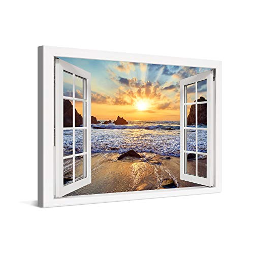 PICANOVA – Bild auf Leinwand Felsiger Strand Sonnenuntergang Fenster 60x40cm – Leinwandbild – Premium Leinwanddruck – Wandbild Kunstdruck Auf 2cm Holz-Keilrahmen Wohnzimmer Wanddekoration – Strand von PICANOVA