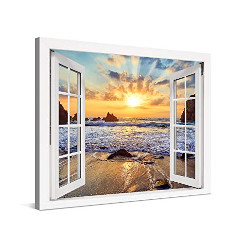 PICANOVA – Bild auf Leinwand Felsiger Strand Sonnenuntergang Fenster 80x60cm – Leinwandbild – Premium Leinwanddruck – Wandbild Kunstdruck Auf 2cm Holz-Keilrahmen Wohnzimmer Wanddekoration – Strand von PICANOVA