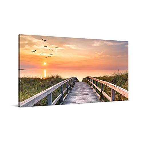 PICANOVA – Bild auf Leinwand Holzweg zum Meer 100x50cm – Leinwandbild – Premium Leinwanddruck – Wandbild Kunstdruck Auf 2cm Holz-Keilrahmen Wohnzimmer Wanddekoration – Strand von PICANOVA