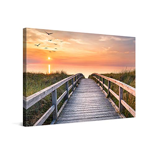 PICANOVA – Bild auf Leinwand Holzweg zum Meer 120x80cm – Leinwandbild – Premium Leinwanddruck – Wandbild Kunstdruck Auf 2cm Holz-Keilrahmen Wohnzimmer Wanddekoration – Strand von PICANOVA