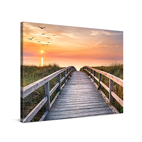 PICANOVA – Bild auf Leinwand Holzweg zum Meer 80x60cm – Leinwandbild – Premium Leinwanddruck – Wandbild Kunstdruck Auf 2cm Holz-Keilrahmen Wohnzimmer Wanddekoration – Strand von PICANOVA