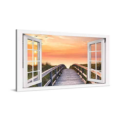 PICANOVA – Bild auf Leinwand Holzweg zum Meer Fenster 100x50cm – Leinwandbild – Premium Leinwanddruck – Wandbild Kunstdruck Auf 2cm Holz-Keilrahmen Wohnzimmer Wanddekoration – Strand von PICANOVA