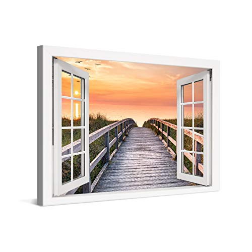 PICANOVA – Bild auf Leinwand Holzweg zum Meer Fenster 120x80cm – Leinwandbild – Premium Leinwanddruck – Wandbild Kunstdruck Auf 2cm Holz-Keilrahmen Wohnzimmer Wanddekoration – Strand von PICANOVA