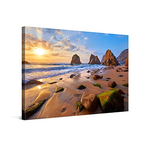 PICANOVA – Bild auf Leinwand Meeresstrand mit Felsen 120x80cm – Leinwandbild – Premium Leinwanddruck – Wandbild Kunstdruck Auf 2cm Holz-Keilrahmen Wohnzimmer Wanddekoration – Strand von PICANOVA