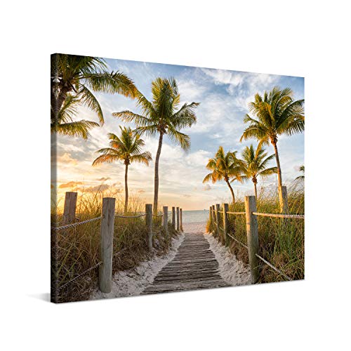 PICANOVA – Bild auf Leinwand Palmenweg zum Meer 100x75cm – Leinwandbild – Premium Leinwanddruck – Wandbild Kunstdruck Auf 2cm Holz-Keilrahmen Wohnzimmer Wanddekoration – Strand von PICANOVA