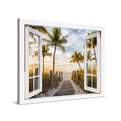 PICANOVA – Bild auf Leinwand Palmenweg zum Meer Fenster 100x75cm – Leinwandbild – Premium Leinwanddruck – Wandbild Kunstdruck Auf 2cm Holz-Keilrahmen Wohnzimmer Wanddekoration – Strand von PICANOVA