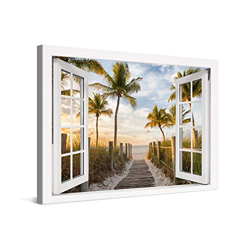 PICANOVA – Bild auf Leinwand Palmenweg zum Meer Fenster 120x80cm – Leinwandbild – Premium Leinwanddruck – Wandbild Kunstdruck Auf 2cm Holz-Keilrahmen Wohnzimmer Wanddekoration – Strand von PICANOVA