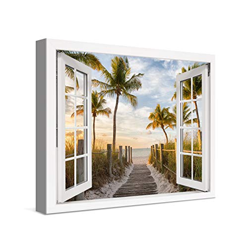 PICANOVA – Bild auf Leinwand Palmenweg zum Meer Fenster 40x30cm – Leinwandbild – Premium Leinwanddruck – Wandbild Kunstdruck Auf 2cm Holz-Keilrahmen Wohnzimmer Wanddekoration – Strand von PICANOVA