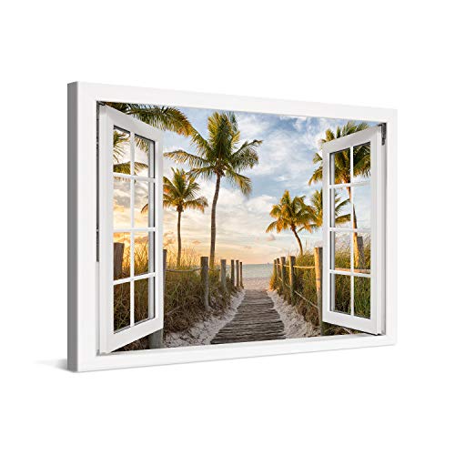 PICANOVA – Bild auf Leinwand Palmenweg zum Meer Fenster 60x40cm – Leinwandbild – Premium Leinwanddruck – Wandbild Kunstdruck Auf 2cm Holz-Keilrahmen Wohnzimmer Wanddekoration – Strand von PICANOVA