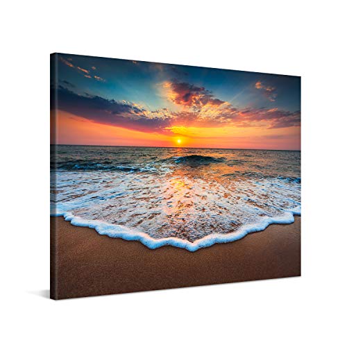 PICANOVA – Bild auf Leinwand Sonnenuntergang am Meer 100x75cm – Leinwandbild – Premium Leinwanddruck – Wandbild Kunstdruck Auf 2cm Holz-Keilrahmen Wohnzimmer Wanddekoration – Strand von PICANOVA