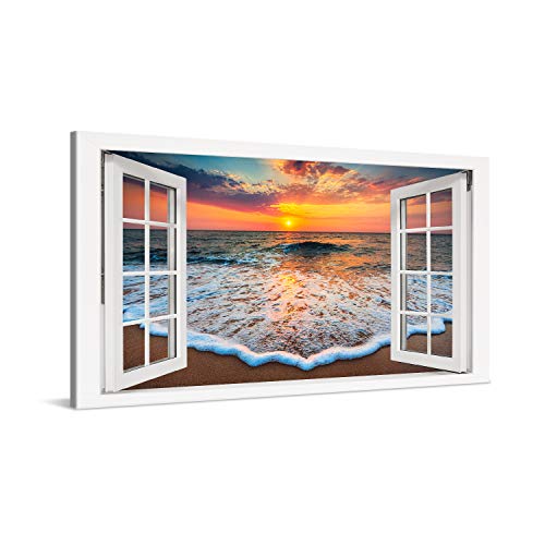 PICANOVA – Bild auf Leinwand Sonnenuntergang am Meer Fenster 100x50cm – Leinwandbild – Premium Leinwanddruck – Wandbild Kunstdruck Auf 2cm Holz-Keilrahmen Wohnzimmer Wanddekoration – Strand von PICANOVA