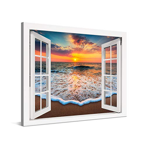 PICANOVA – Bild auf Leinwand Sonnenuntergang am Meer Fenster 100x75cm – Leinwandbild – Premium Leinwanddruck – Wandbild Kunstdruck Auf 2cm Holz-Keilrahmen Wohnzimmer Wanddekoration – Strand von PICANOVA