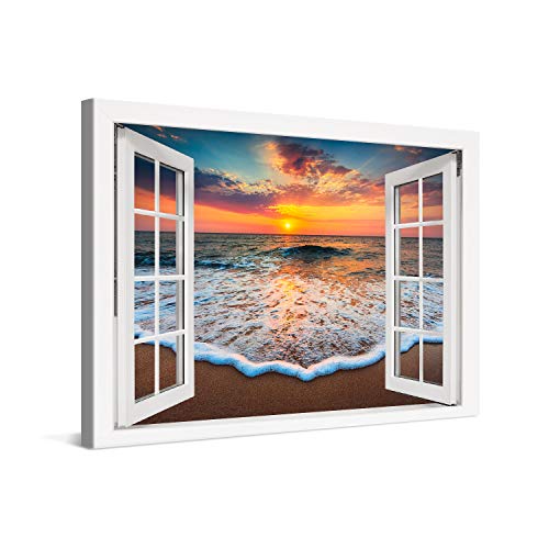 PICANOVA – Bild auf Leinwand Sonnenuntergang am Meer Fenster 120x80cm – Leinwandbild – Premium Leinwanddruck – Wandbild Kunstdruck Auf 2cm Holz-Keilrahmen Wohnzimmer Wanddekoration – Strand von PICANOVA