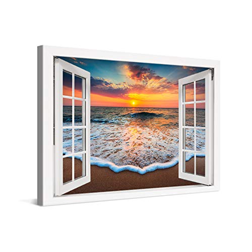 PICANOVA – Bild auf Leinwand Sonnenuntergang am Meer Fenster 60x40cm – Leinwandbild – Premium Leinwanddruck – Wandbild Kunstdruck Auf 2cm Holz-Keilrahmen Wohnzimmer Wanddekoration – Strand von PICANOVA