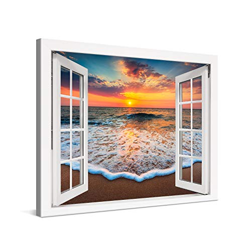 PICANOVA – Bild auf Leinwand Sonnenuntergang am Meer Fenster 80x60cm – Leinwandbild – Premium Leinwanddruck – Wandbild Kunstdruck Auf 2cm Holz-Keilrahmen Wohnzimmer Wanddekoration – Strand von PICANOVA