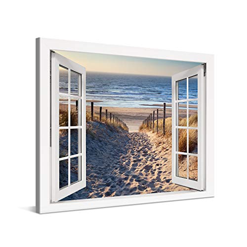 PICANOVA – Bild auf Leinwand Weg zum Meer Fenster 100x75cm – Leinwandbild – Premium Leinwanddruck – Wandbild Kunstdruck Auf 2cm Holz-Keilrahmen Wohnzimmer Wanddekoration – Strand von PICANOVA