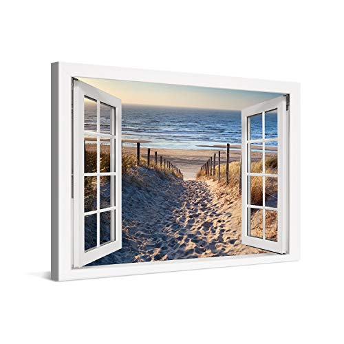 PICANOVA – Bild auf Leinwand Weg zum Meer Fenster 120x80cm – Leinwandbild – Premium Leinwanddruck – Wandbild Kunstdruck Auf 2cm Holz-Keilrahmen Wohnzimmer Wanddekoration – Strand von PICANOVA