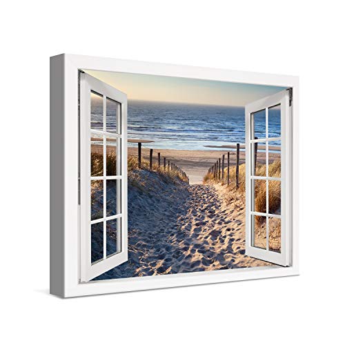 PICANOVA – Bild auf Leinwand Weg zum Meer Fenster 40x30cm – Leinwandbild – Premium Leinwanddruck – Wandbild Kunstdruck Auf 2cm Holz-Keilrahmen Wohnzimmer Wanddekoration – Strand von PICANOVA