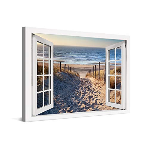 PICANOVA – Bild auf Leinwand Weg zum Meer Fenster 60x40cm – Leinwandbild – Premium Leinwanddruck – Wandbild Kunstdruck Auf 2cm Holz-Keilrahmen Wohnzimmer Wanddekoration – Strand von PICANOVA