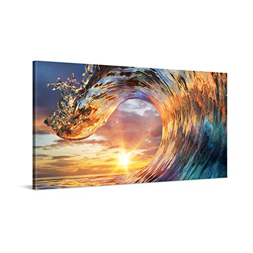 PICANOVA – Bild auf Leinwand Wellen-Sonnenuntergang 100x50cm – Leinwandbild – Premium Leinwanddruck – Wandbild Kunstdruck Auf 2cm Holz-Keilrahmen Wohnzimmer Wanddekoration – Strand von PICANOVA