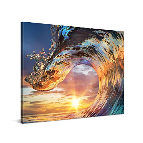 PICANOVA – Bild auf Leinwand Wellen-Sonnenuntergang 100x75cm – Leinwandbild – Premium Leinwanddruck – Wandbild Kunstdruck Auf 2cm Holz-Keilrahmen Wohnzimmer Wanddekoration – Strand von PICANOVA