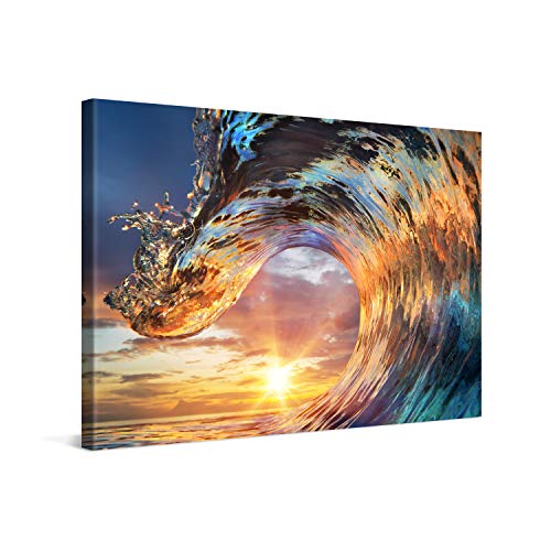 PICANOVA – Bild auf Leinwand Wellen-Sonnenuntergang 120x80cm – Leinwandbild – Premium Leinwanddruck – Wandbild Kunstdruck Auf 2cm Holz-Keilrahmen Wohnzimmer Wanddekoration – Strand von PICANOVA