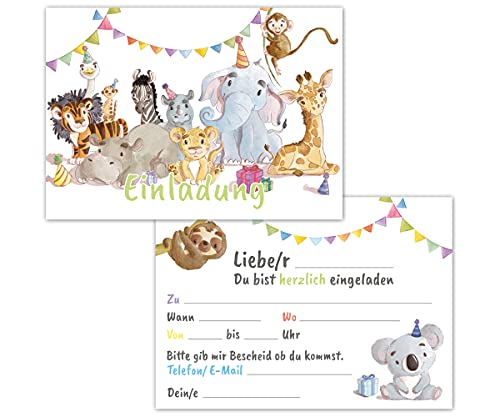 Einladungskarten Kindergeburtstag 12er Set mit Tieren - Geburtstagseinladungen für Mädchen und Jungen bis 10 Jahre – allgemeine Einladung Karte, ideal für die Party zur Einschulung und Geburtstag von PICTALOO