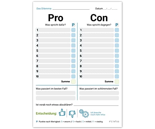 PICTALOO Entscheidungshilfe Block mit Pro & Contra Liste, Entscheidungsfinder oder Entscheidungshelfer in DIN A5 mit 50 Blatt, Projektmanagement Hilfe für schwierige Entscheidungen (1) von PICTALOO