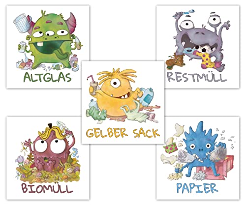 Lustige Mülltonnenaufkleber Monster, 10er Set Aufkleber Mülltrennung, Mülltonen Aufkleber Abfalltrennung auch für Kinder nach Biomüll, Altpapier, Gelber Sack, Rest Müll & Glas, Müllaufkleber von PICTALOO