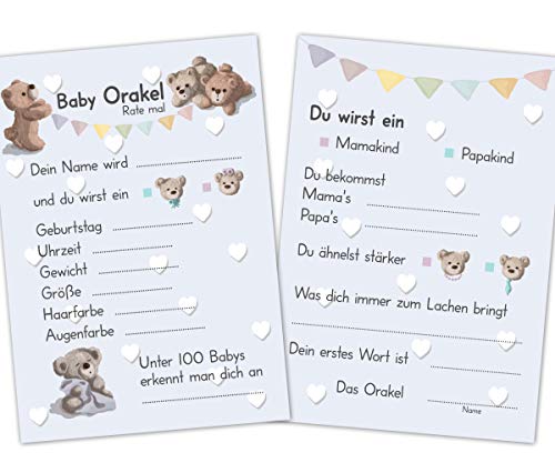 PICTALOO Baby Orakel, das perfekte Babyparty Spiel für Mädchen und Junge, Ratespiel mit 25 TIPP Karten mit Fragen, kreatives Geschenk für die Baby Shower, großer Spaß für Mama und Gäste (Bärchen) von PICTALOO