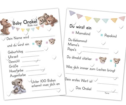 PICTALOO Baby Orakel, das perfekte Babyparty Spiel für Mädchen und Junge, Ratespiel mit 25 TIPP Karten mit Fragen, kreatives Geschenk für die Baby Shower, großer Spaß für Mama und Gäste (Weiß) von PICTALOO