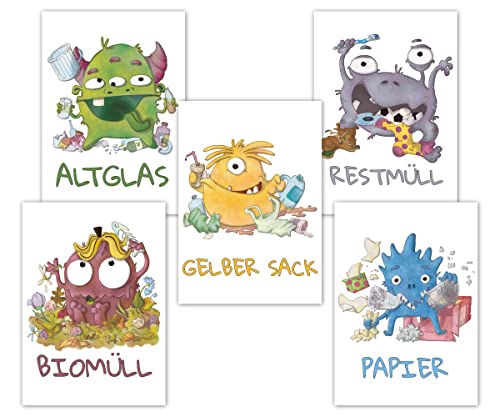 PICTALOO XXL Mülltonnenaufkleber Monster, 10er Set Aufkleber Mülltrennung, Mülltonen Aufkleber Abfalltrennung auch für Kinder nach Biomüll, Altpapier, Gelber Sack, Rest Müll & Glas, Müllaufkleber von PICTALOO