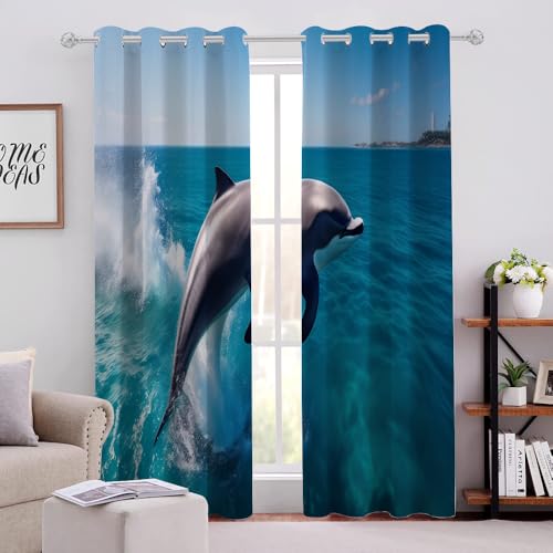 3D-bedruckte Vorhänge, Motiv: Springender Delfin, Meerestier-Serie, wärmeisoliert, Verdunkelungsvorhänge, für Kinderzimmer, Jungen, Mädchen, Schlafzimmer, Wohnzimmer, 2 Paneele, 213 x 132 cm (L x B) von PIFIPU