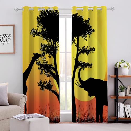 PIFIPU Tierdruck Giraffe Elefant Blickdicht Schattierungs Vorhänge für Wohnzimmer, 229B x 229Hcm x 2 Panel Modern Bedruckte Gardinen mit Ösen, Dekorative Vorhänge für Schlafzimmer von PIFIPU