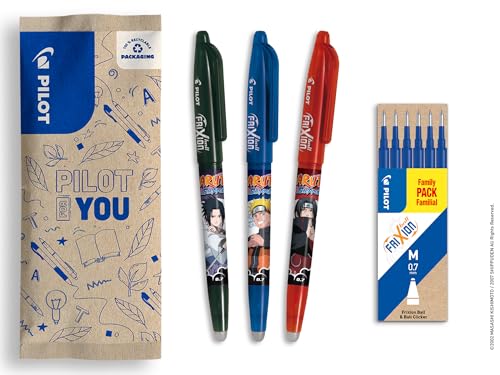 PILOT x Naruto FriXion Ball Set mit 3 Kugelschreibern, Schwarz, Blau, Rot + 1 Set mit 6 blauen Minen – radierbare Stifte – Naruto Shipudden Limited Edition – nachfüllbare Tintenroller – Blau – von PILOT