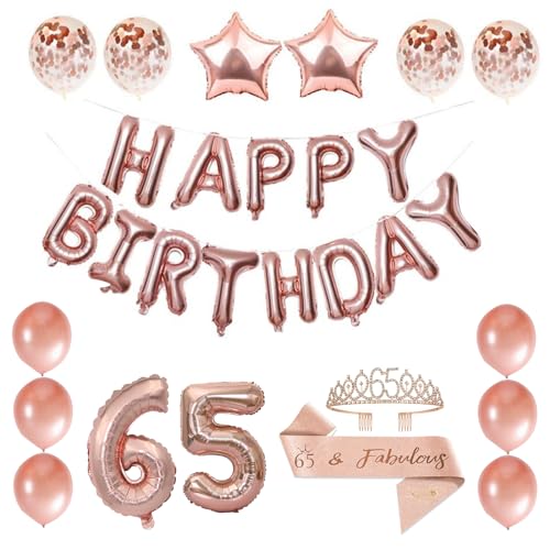 PIMXL Rosegold 65. Geburtstags Party Deko Set, Geburtstagsdeko Frauen, Ballon 65. Geburtstag, Riesen Folienballon Zahl 65, Rose Gold Kristall Tiara Krone Geburtstag Schärpe 65 Geburtstag frau deko von PIMXL