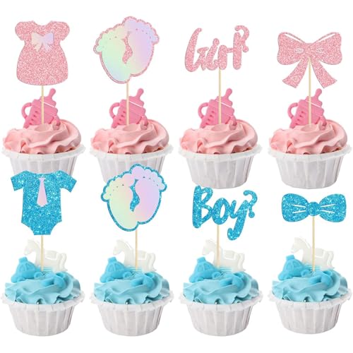 PINEPAN Junge oder Mädchen Cupcake Toppers Glitzer Blau und Rosa Junge oder Mädchen Gender Reveal Fußabdruck Kuchendekorationen für Babyparty 24 Stück von PINEPAN