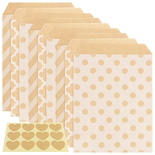 PINGEUI 150 Stück 18x13cm Candy Bar Tüten Braun, 3 Designs Candy Papiertüten mit Aufkleber, Süßigkeiten Tüten Kraftpapier Candy Geschenktüten für Hochzeit Geburtstag Weihnachten Party von PINGEUI