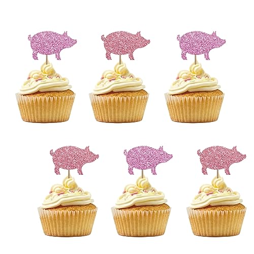 24 Stück Schwein Cupcake Topper für Bauernhof Thema Geburtstag, Rose Gold & Rosa Glitzer Schwein Schild Cupcake Topper, Kuchendekorationen für 1. Geburtstag/Bauernhof Tier Thema Party Supplies von PINKAAJ