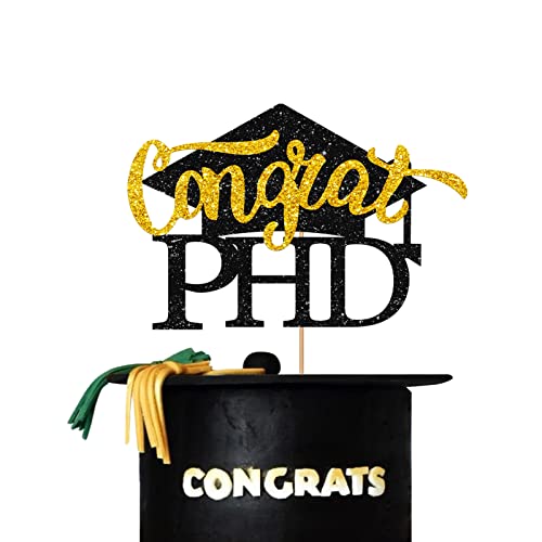 Congrats PHD Kuchenaufsatz, Congrats Grad Cake Topper, Grad 2023 Party Kuchen Dekor, Masters Degree Graduation Party Dekorationen – Schwarz & Gold Glitter von PINKAAJ