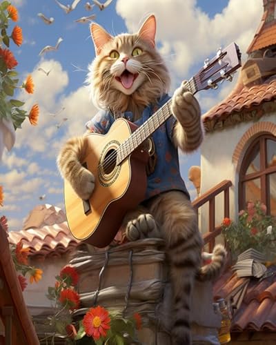 PIPISKY DIY-Leinwand-Malset für Erwachsene,Katze spielt Gitarre auf dem Dach,Paint by Number for Kids Oil Painting Kits for Modern Home Wall Decor,40x50cm,Ohne Rahmen von PIPISKY